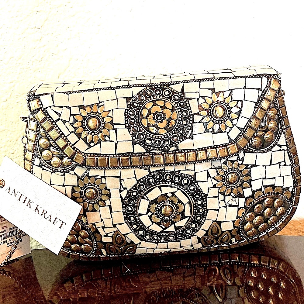 Antik Kraft Metal Convertible Purse Mosaic Tiles Gold chain NWT